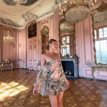 Vestido Gasa Estampado Cuello Envolvente Volante Diseño Exclusivo - Celeste - Ver 9