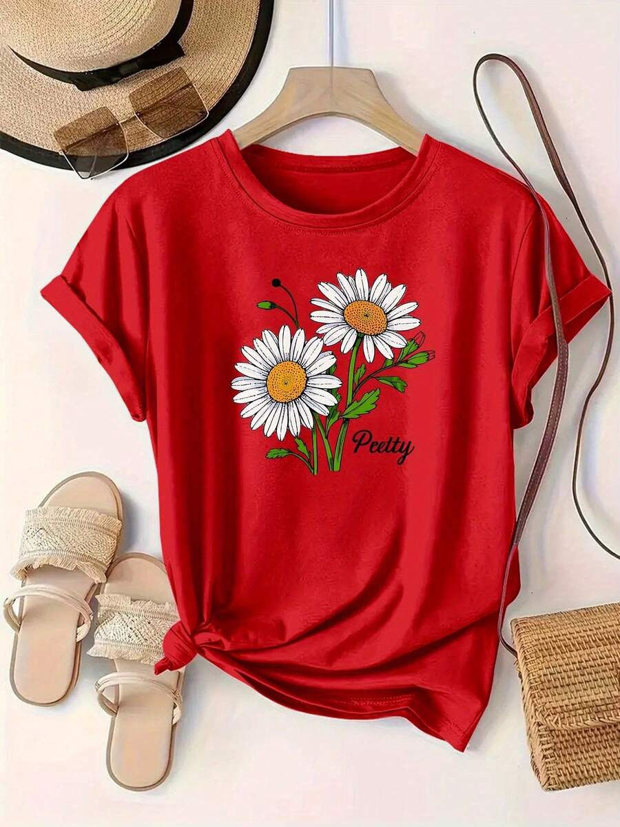 Women's Casual Short Sleeve T-Shirt - White Daisy Floral Print With The Letter "Pretty", Breathable Round Neck For All Seasons, Machine Washable, Comfortable Style, Everyday Wear For Women, Bright Print T-Shirt, Comfortable Fabric. - 紅色 - 查看 1