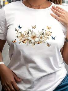 Short-Sleeved T-Shirt With Butterfly And White Peony Print, Harajuku Style, Casual, Aesthetic, Vintage, Street Style, Unisex, Loose, Cotton, Round Neck. - 白色 - 查看 7