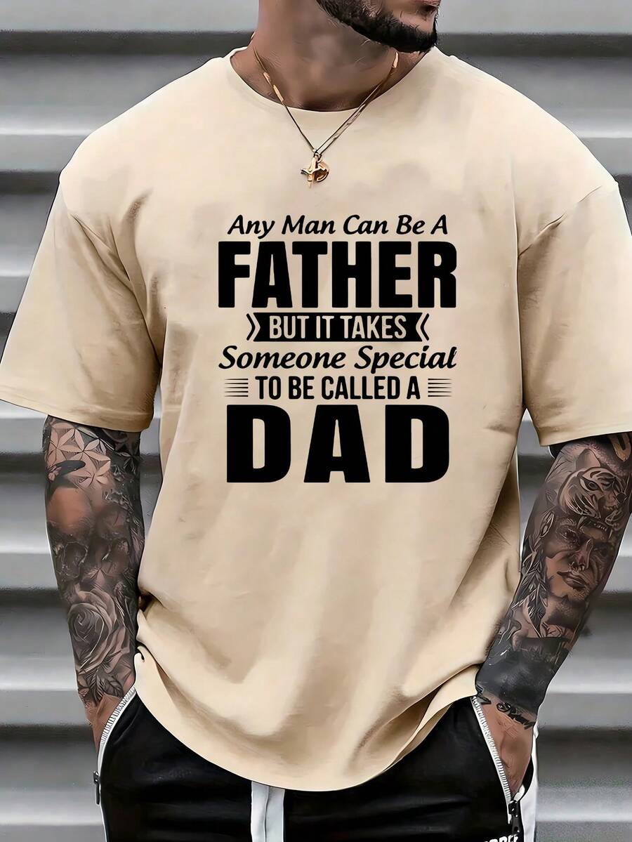Men's Casual Slogan Print Round Neck Short Sleeve T-Shirt, Summer - Beige - View 1