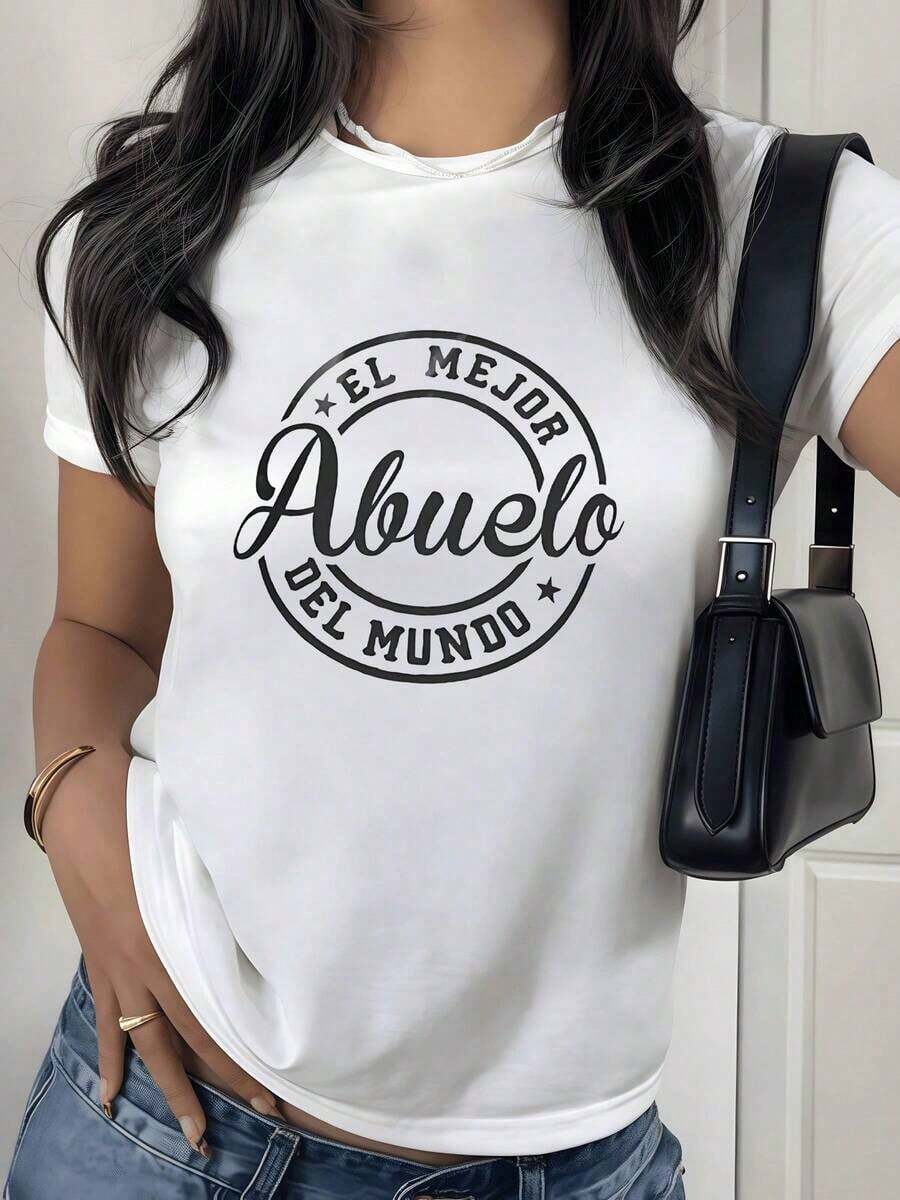 100% Cotton. Circular Text Celebrating Family Love With Words Honoring Grandfathers As An Example Of Eternal Affection. Women's 100% Cotton T-Shirt With A Comfortable And Soft Fit, Perfect For Casual Days. Women's Simple Solid Color T-Shirt, Loose And Slim Fit Casual Short Sleeve - 白色的 - 查看 1