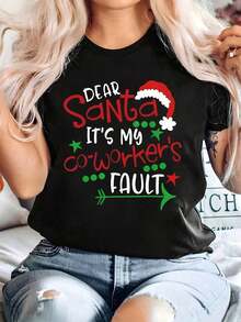 Plus Size Women's Christmas T-Shirt With Funny Print "Dear Santa, It's My Coworker's Fault" - Short Sleeve, Crew Neck, Casual, Humorous Gift For The Office, Letter Print (Machine Washable) - 黑色 - 查看 7