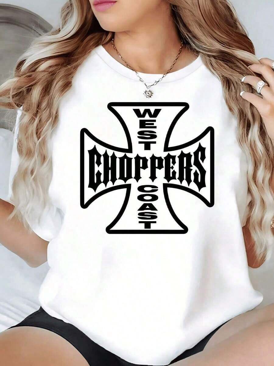 100% Cotton. Large Black Cross With Gothic Lettering Evoking Strength, Freedom, And A Rebellious Spirit, Referencing Biker Culture And The West. Women's 100% Cotton 220g T-Shirt. Women's Simple Solid Color T-Shirt, Loose And Slim Fit Casual Short Sleeve - 白色的 - 查看 1