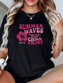 100% Cotton. Hibiscus Flower And Message Celebrating Summer Waves And Positive Energy, Enjoying Every Moment. 1971 Women's T-Shirt, 100% Cotton, Casual, Comfortable, And Modern. Women's Simple Solid Color T-Shirt, Loose And Slim Fit, Casual Short Sleeve - 黑色 - 查看 11