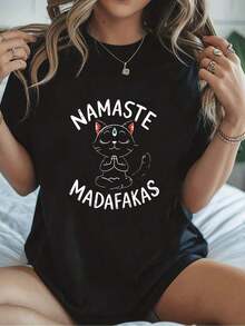 2026 New Cotton-shirt100%cottonCamiseta de meditación para mujer - Estampados divertidos de meditación y símbolos, eslogan de cuenco tibetano, top casual de cuello redondo en blanco y negro, adecuada para uso diario - Camiseta de primavera/verano con elasticidad media. Camiseta de Mujer de Color Sólido Simple, Corte Holgado y Ajustado, Casual de Manga Corta - Negro - Ver 1