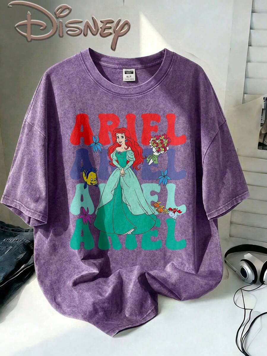 Disney Oversize Round Neck Washed T-Shirt With Disney Ariel Print, Disneyland, Disney Animal Kingdom, Disney Family Vacation Trip, Summer Outfits For Women, Vacation Outfits Women, Dresses,, Dresses For Women, Summer Clothes, Summer Tops, Capris For Women, Rompers For Women, Jeans For Women, Jorts, Graphic Tees Women, Tank Tops Women, Dresses For Women Summer, Summer Tops, Summer Clothes, Summer, Swimsuits For Woman, Bathing Suits For Women, Bikinis, White Tank Top, Women Sweatshirts & Hoodies, Cord Sets For Women, Trajes Elegantes De Mujer, Conjuntos De Dos Piezas Para Mujer, Skirt Two Piece Set, Conjuntos De Mujer, Blusas, Trajes De Mujer Casual, Free Shipping, Co Ords Sets Women, Faldas - Purple - View 1