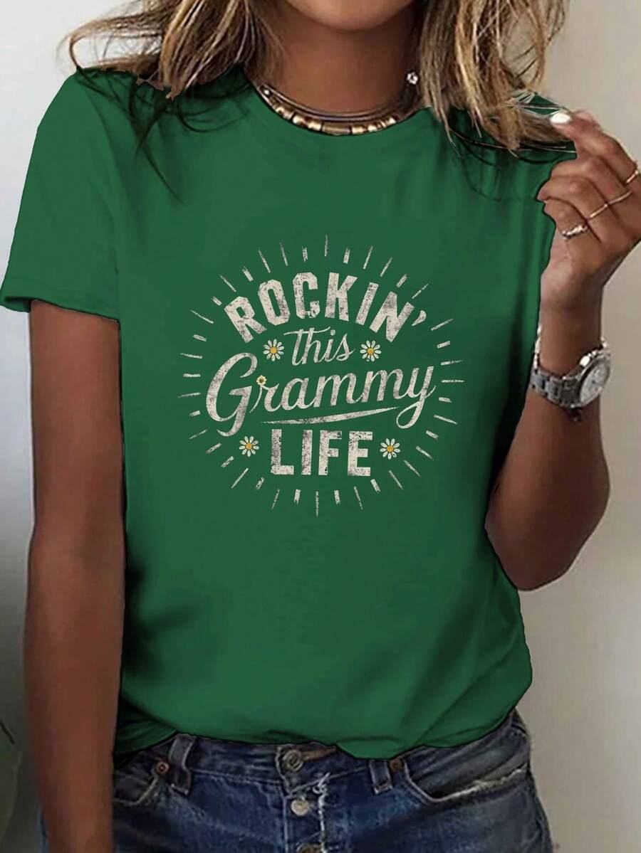 Women's Rock Style T-Shirt - Short Sleeve, Round Neck, Geometric Sun And Stars Print, Casual Top, Medium Stretch Fabric, Machine Washable, Comfortable For All Seasons, Clothing For Music Fans, Stylish, Loose And Comfortable. - 綠色 - 查看 1