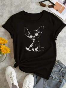 Fashion Printed T-Shirts For Women, Oversized Streetwear Tops, Comfortable And Stylish All-Match Summer Tees. Chihuahua Print T-Shirt For Women, 220g Cotton, Casual Summer Crew Neck Short Sleeve (1 Piece) - 黑色 - 查看 2
