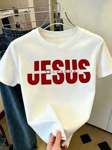 Women's White T-Shirt With Red Letter Print And Inspirational Phrase, Casual Short Sleeve Round Neck T-Shirt, Loose Blouse With Positive Message For Everyday Wear, Summer And Casual Outfit - 白色 - 查看 1
