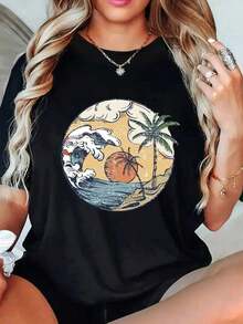 Plus Size Women's Tropical Beach Tree Print T-Shirt - Soft Black T-Shirt With Vibrant Waves, Coconut Sun And Tree Design - Casual Short Sleeve T-Shirt For Summer, Beach Parties, Casual Wear And Tropical Clothing - Washable Crew Neck Top - 黑色 - 查看 5