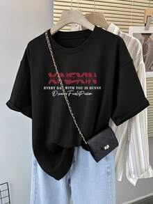 New 2025 Women's Black Short Sleeve T-Shirt With Cute Letter Prints, Loose And Comfortable Top - Back - View 4