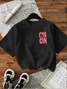 | Exquisite Design | Loose And Comfortable | Easy To Match | [Double-Sided Print] Women's Spring/Summer T-Shirt, Simple Style, Wine Glass And CIN CIN Letter Print, Pure Cotton, Casual Daily Wear, Short Sleeve, Round Neck, Women's T-Shirt - 黑色 - 查看 2
