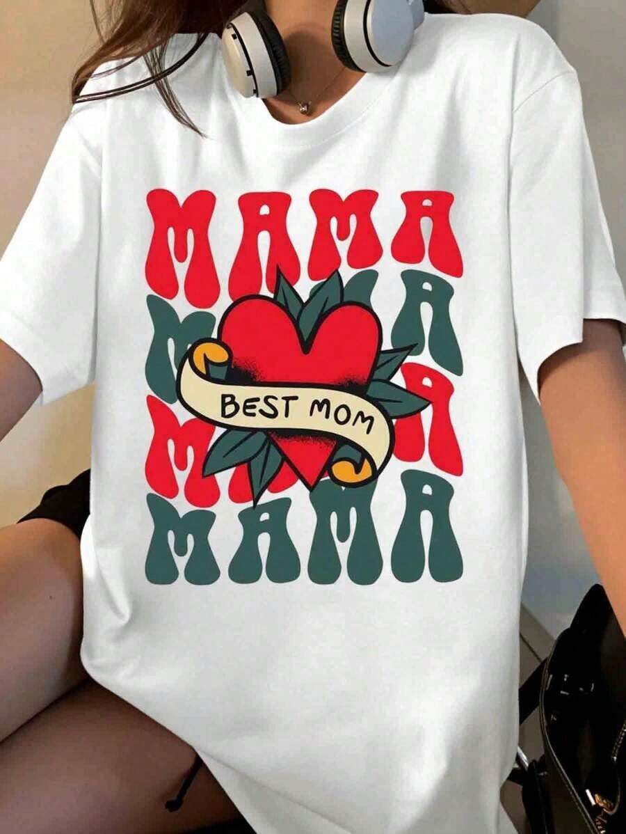 Women's T-Shirt With Heart Design "Mom, The Best Mom" Mother's Day Gift, Casual Wear [Suitable For Leisure And Sports Activities] - 白色 - 查看 1