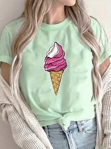 Women's T-Shirt [New Summer Recommendation] Ice Cream Print T-Shirt, Casual For Women, Vacation, Short Sleeve, Round Neck, Spring And Summer, Machine Washable, New Women's Clothing, Versatile, Casual Going Tops For Women - 白色 - 查看 10