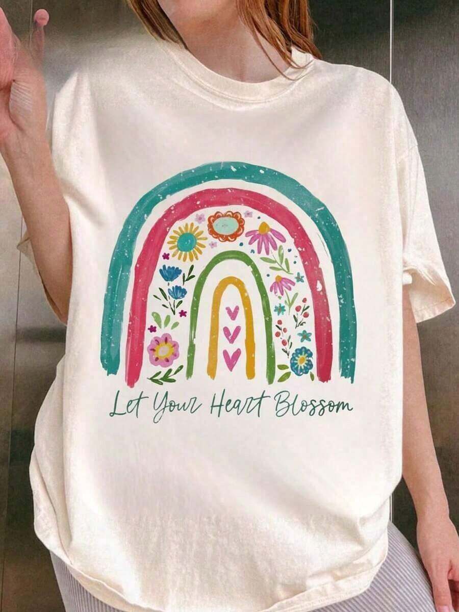 This Women's Casual Cotton T-Shirt Features A Simple Yet Stylish Print Design. The Short-Sleeve Style Is Perfect For A Summer Beach Vacation And Is Also Ideal For Easter Or Mother's Day. The Crew Neck And Short Sleeves Exude A Summery Urban Style, Making It A Lovely Surprise Gift For Friends And Family. Crew Neck, 100% Cotton, Soft Fabric, Short Sleeves - 杏色 - 查看 1