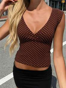 Camisetas de tirantes de verano para mujer, chaleco sin mangas con cuello en V y estampado de lunares, blusa ajustada para fiestas. - Café integral - Ver 1