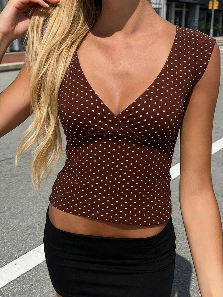 Camisetas de tirantes de verano para mujer, chaleco sin mangas con cuello en V y estampado de lunares, blusa ajustada para fiestas. - Café integral - Ver 1