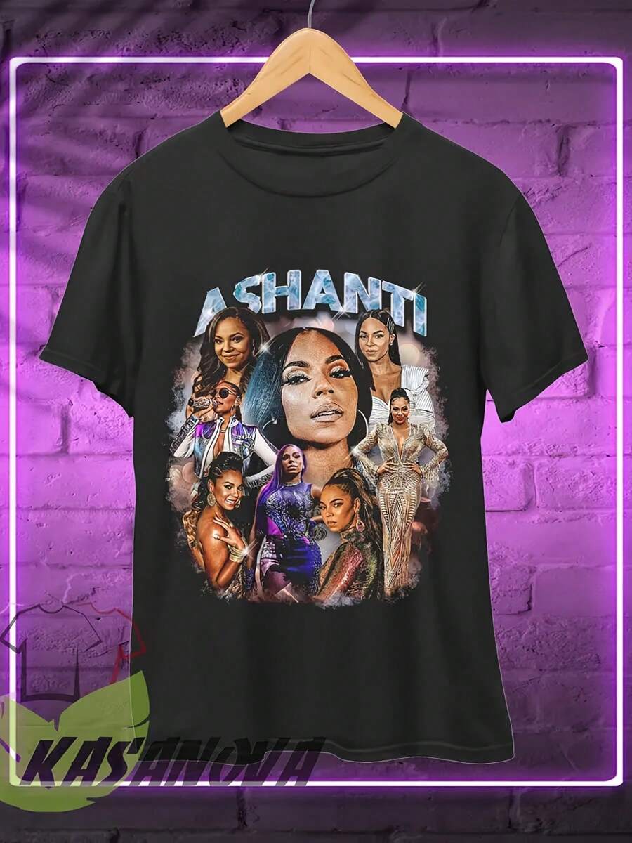 Camiseta unisex 100% algodón para hombre y mujer con estampado Ashanti y de texto, suave, esencial de ropa urbana casual para toda temporada, estilo combinable para toda temporada, ropa diaria asequible y regalo perfecto para fans y amigos - 220g