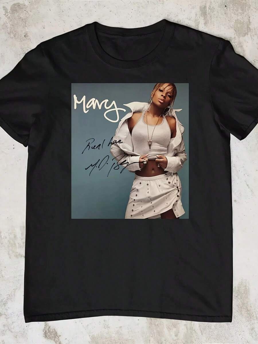 Unisex 100% Cotton T-Shirt With Mary J. Blige Signature Print For Men And Women, Soft, Casual Urban Fashion Essential For All Seasons, Versatile Style For Every Season, Affordable Everyday Wear And Perfect Christmas Gift For Fans And Friends - 220g - 黑色 - 查看 1