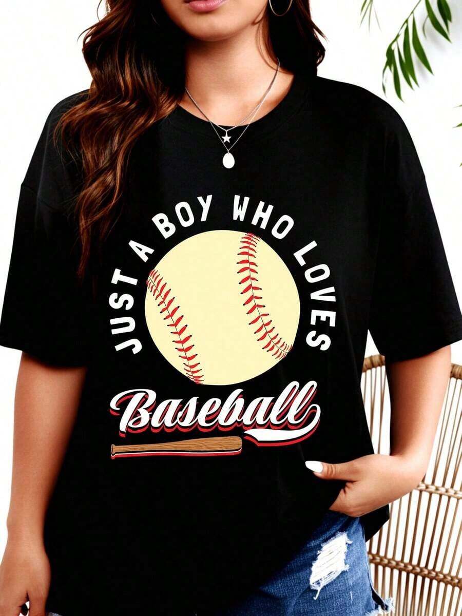Women's T-Shirt, Women's T-Shirt With 'Only A Guy Who Loves Baseball' Print, Gift For Baseball Fans, Summer Casual Wear, Sports Set, Unisex Top - 黑色 - 查看 1