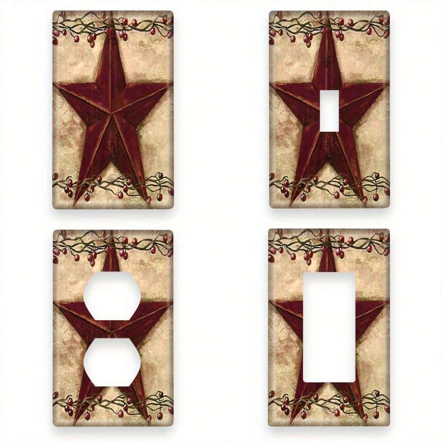 1 pieza Cubierta de placa de interruptor con estampado de estrella y bayas de granero rojo, cubierta de salida de estilo campestre para decoración del hogar, placa de pared duradera para uso doméstico - Multicolor - Ver 1