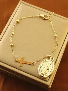 1 pieza Pulsera con colgante de cruz y perla de la Virgen María, regalo cristiano, regalo de fe, regalo de cruz, regalo de amistad - Dorado - Ver 9