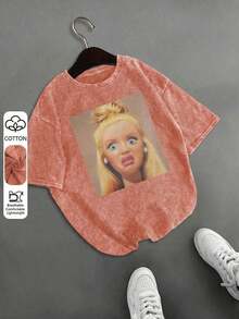 de mujer talla grande con muñeca sorprendida, cuello redondo, manga corta, casual, para primavera/verano/otoño, tops de vacaciones de verano - Naranja - Ver 1