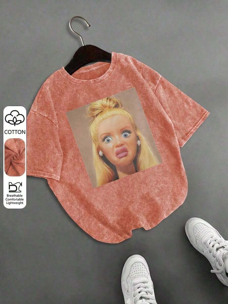 de mujer talla grande con muñeca sorprendida, cuello redondo, manga corta, casual, para primavera/verano/otoño, tops de vacaciones de verano - Naranja - Ver 1