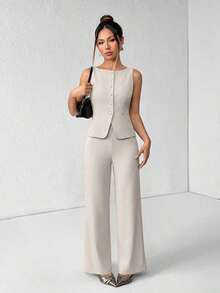 PETITE Conjunto de chaleco y pantalones de un solo pecho de unicolor con cuello redondo, elegante traje de oficina para mujer, ropa de mujer de verano y otoño, conjunto de oficina, ropa casual de negocios, conjunto de dos piezas, ropa de oficina de otoño para mujer, conjunto de blazers para mujer - Albaricoque - Ver 3