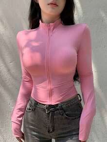 Camiseta de manga larga de cuello alto y ajuste ceñido para mujer, ropa de otoño - Rosa - Ver 8