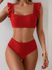 Conjunto de traje de baño para mujer, conjunto de unicolor con escote cuadrado tipo bandeau, tirantes con volantes - Rojo - Ver 3