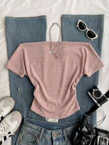 Camiseta de punto a rayas con hombros descubiertos para mujer - Rosa 2 - Ver 2