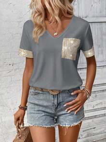 LUNE Camiseta de mujer casual de manga corta con cuello en V, parches y lentejuelas - Gris Oscuro - Ver 8