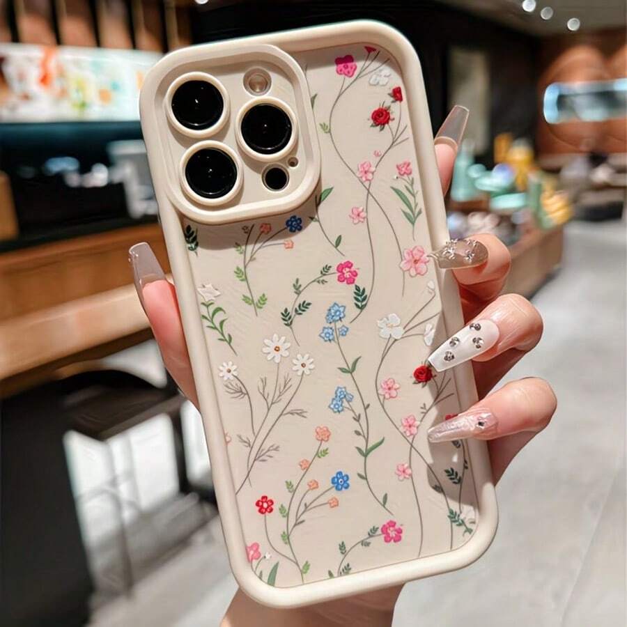 Vintage White Flower TPU Shockproof Full Coverage Protective Case Compatible With Apple 17/17Pro/17ProMax/16/16Pro/16ProMax/6/7/8/X/Xs/Xr/Xs Max/11/12/13/14/15/16Pro Max - Beige - View 1