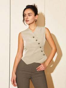 Chaleco corto de mujer de estilo casual de primavera/verano con botones diagonales, estilo de dinero viejo para negocios y ocio - Albaricoque - Ver 4