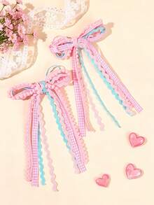 2 piezas Pinzas para el cabello con lazo y borla para niñas, pinzas de cocodrilo a cuadros, pinzas de tela rosa, pinzas de borla multicapa, adecuadas para uso diario, regalo para niñas, accesorios para el cabello, accesorios para el cabello de adolescentes, accesorios para el cabello de niñas, regalo para niñas - Rosa - Ver 1