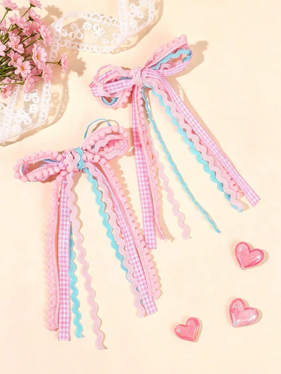 2 piezas Pinzas para el cabello con lazo y borla para niñas, pinzas de cocodrilo a cuadros, pinzas de tela rosa, pinzas de borla multicapa, adecuadas para uso diario, regalo para niñas, accesorios para el cabello, accesorios para el cabello de adolescentes, accesorios para el cabello de niñas, regalo para niñas - Rosa - Ver 1