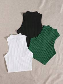 Top de tanque casual sólido de cuello redondo acanalado para el verano - Multicolor 10 - Ver 2