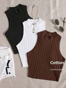 Top de tanque casual sólido de cuello redondo acanalado para el verano - Marrón Chocolate - Ver 1
