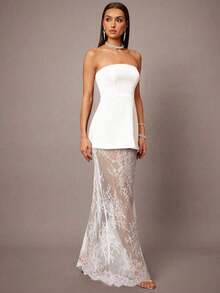 Set de 2 piezas con top corto tipo bustier negro y minifalda con dobladillo de encaje, adecuado para citas, graduaciones, conciertos, vestidos de dama de honor, bodas, ocasiones románticas, estilo minimalista, conjunto elegante para uso diario - Blanco - Ver 6