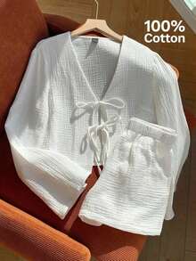 Conjunto de blusa con amarre al frente y shorts con estampado de anacardo para mujer, en estilo bohemio - Blanco 5 - Ver 6