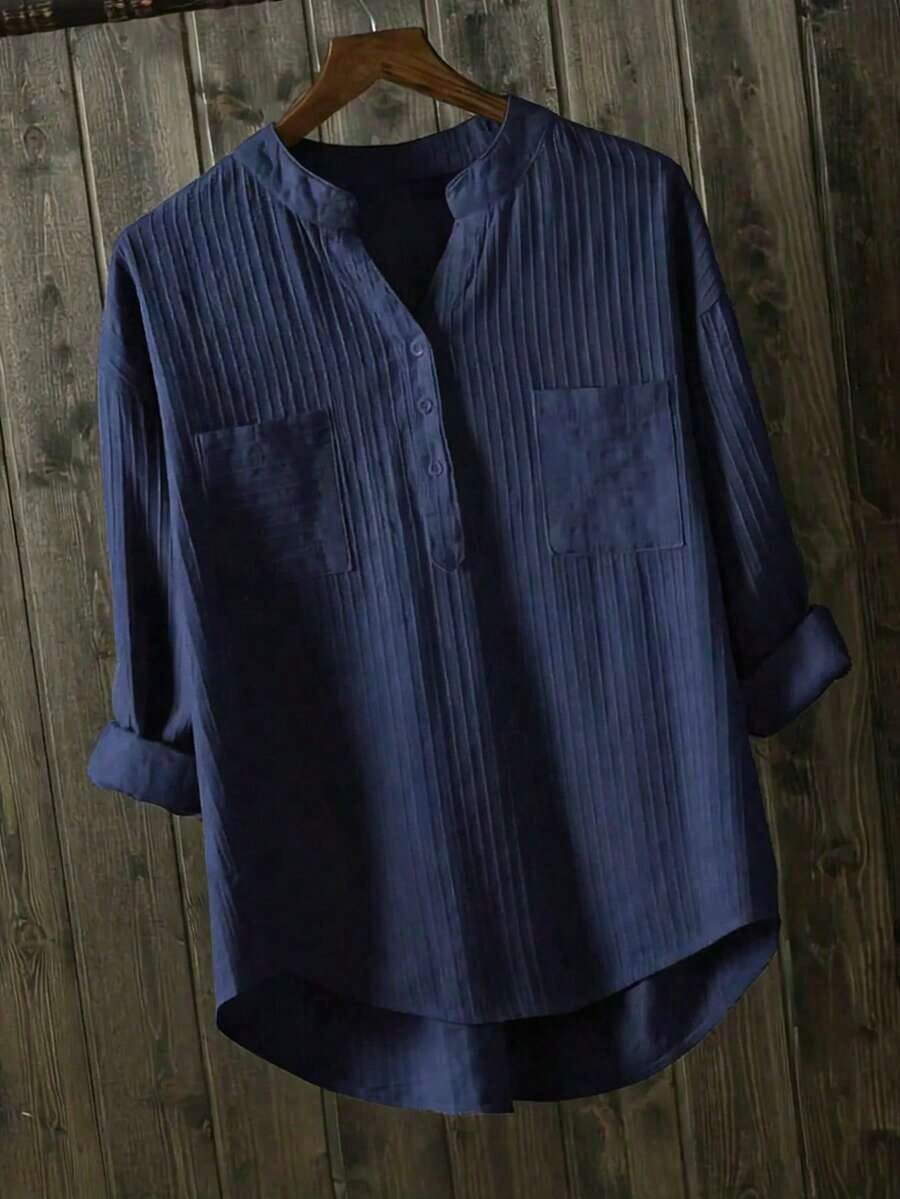 Camisa casual de talla grande con cuello con muesca, botones, bolsillo y mangas enrollables - Azul marino - Ver 1