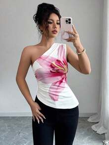 Blusa de punto con estampado de rayas y hombro asimétrico, nueva para el verano de mujer - Rojo y blanco - Ver 5