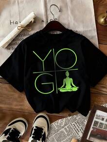 This Fashionable Women's T-Shirt Features A "Yoga Sport" Pattern Design And Is Made Of 100% Pure Cotton. It Has A Round Neck And Short Sleeves, Providing Comfort And Breathability. It Is Both Casual And Elegant, Making It A Must-Have Item For Summer. - 黑色 - 查看 1