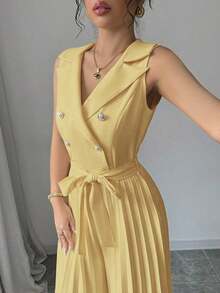 Mono plisado con diseño de chaleco cruzado elegante para mujer, color albaricoque, para primavera y otoño - amarillo ganso - Ver 4