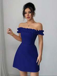 Vestido romántico con hombros descubiertos y volantes en la cintura para mujeres - azul real - Ver 3