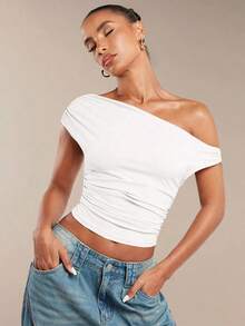 Blusa de verano con hombros asimétricos fruncidos en unicolor para mujer - Blanco - Ver 7