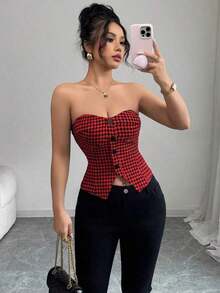 Top corto sin mangas con botones delanteros y estampado de pata de gallo, para uso en oficina o viajes, de moda para el verano - Rojo - Ver 1