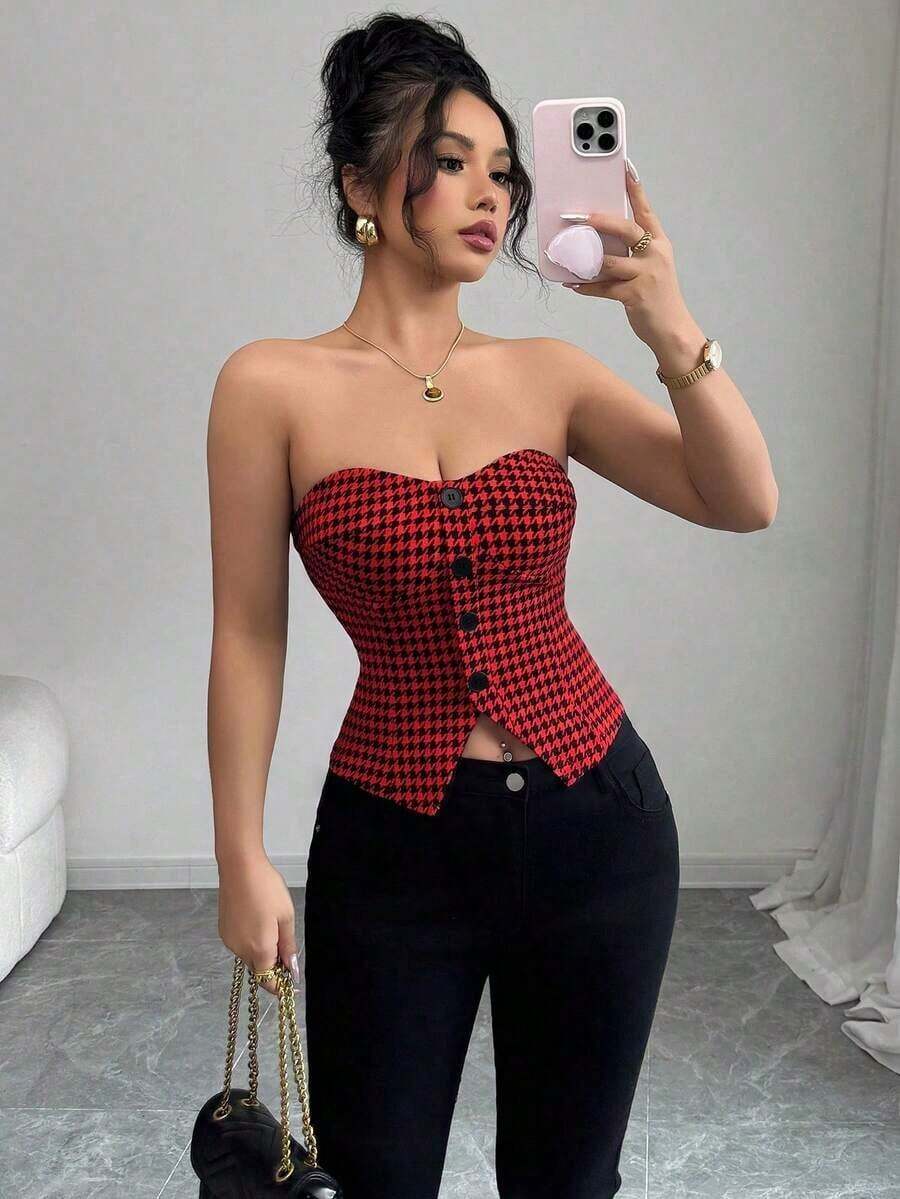 Top corto sin mangas con botones delanteros y estampado de pata de gallo, para uso en oficina o viajes, de moda para el verano - Rojo - Ver 1