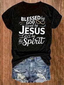 Plus Size Casual T-Shirt With Round Neck And Letter Print - 黑色 - 查看 1